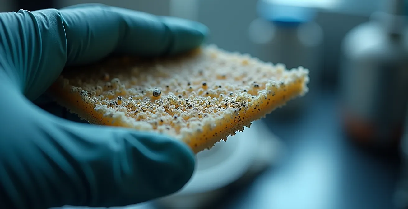 Main d'un technicien analysant des particules au microscope électronique