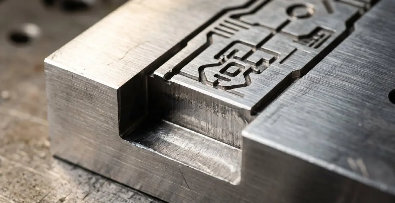 Gros plan sur un sillon de gravure profonde laser sur acier inoxydable montrant la profondeur physique du marquage