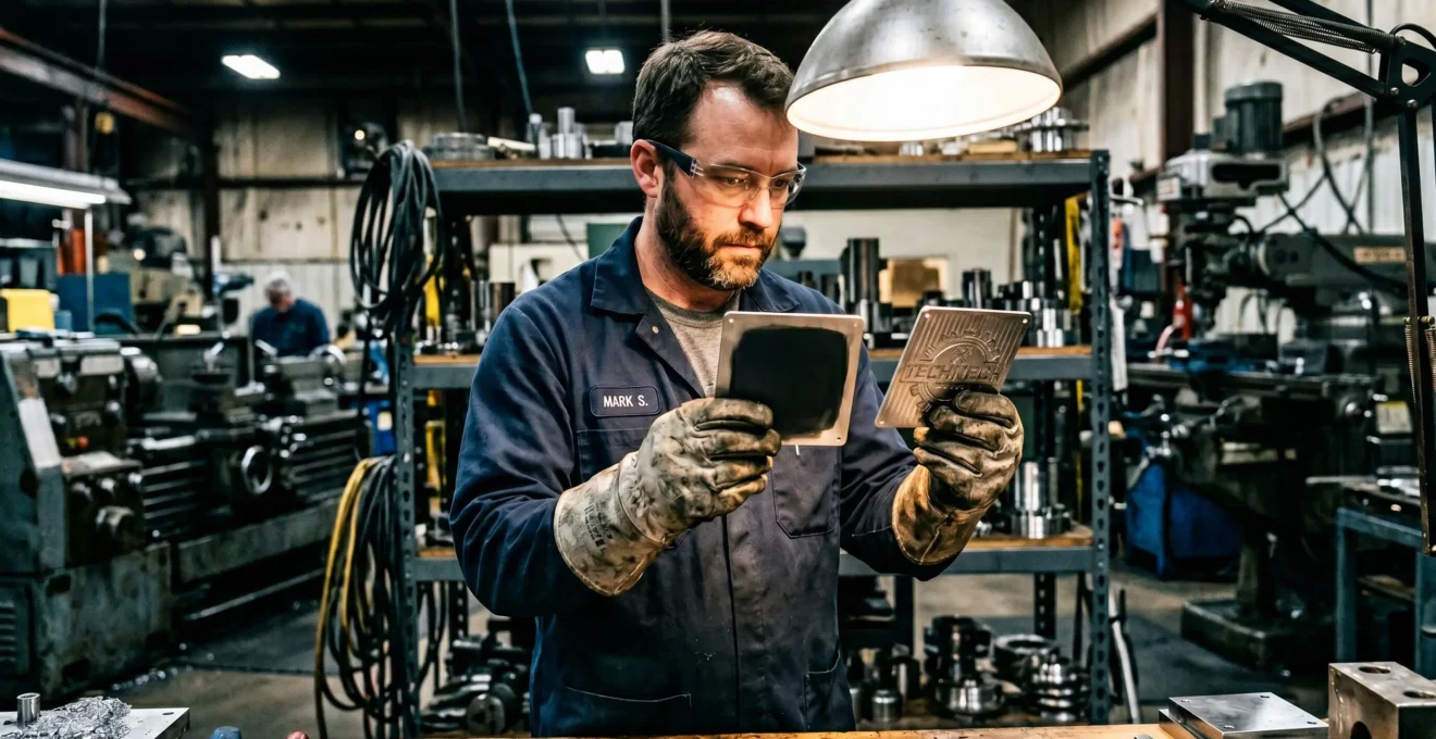 Technicien en atelier comparant deux plaques inox avec marquage recuit et gravure profonde sous éclairage industriel