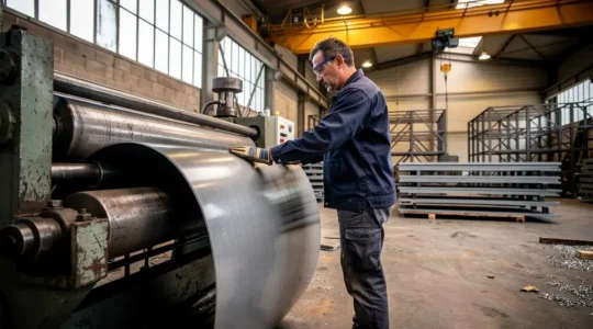 Un chaudronnier courbe une tôle d'acier épaisse à l'aide d'une rouleuse industrielle dans un atelier de fabrication métallique.