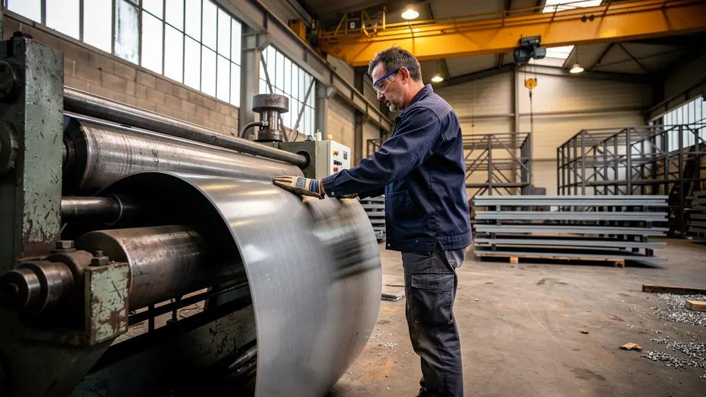 Un chaudronnier courbe une tôle d'acier épaisse à l'aide d'une rouleuse industrielle dans un atelier de fabrication métallique.