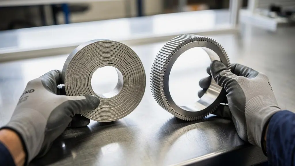 Deux mains gantées comparent un joint spirométallique et un joint Kammprofile sur un établi en acier.