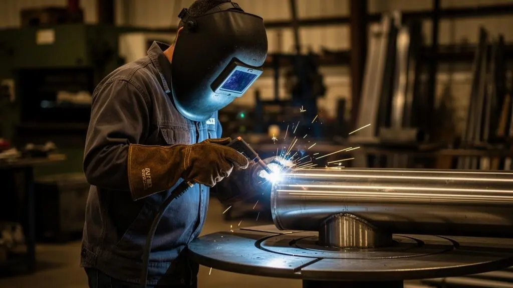 Un soudeur réalise un cordon de soudure sur un cylindre en acier inoxydable fixé sur un poste de travail.