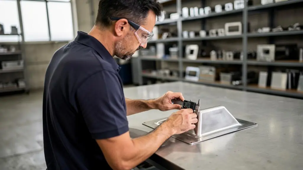 Un technicien mesure l'épaisseur d'une pièce en acier inoxydable avec un pied à coulisse numérique sur une table de contrôle.