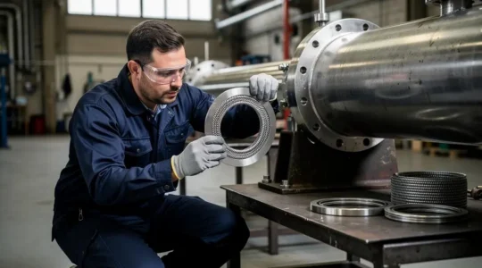 Un technicien installe un joint spirométallique sur la bride d'un assemblage de tuyauterie dans un atelier industriel.