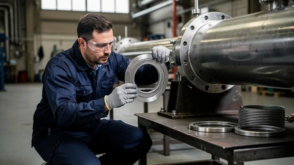 Un technicien installe un joint spirométallique sur la bride d'un assemblage de tuyauterie dans un atelier industriel.