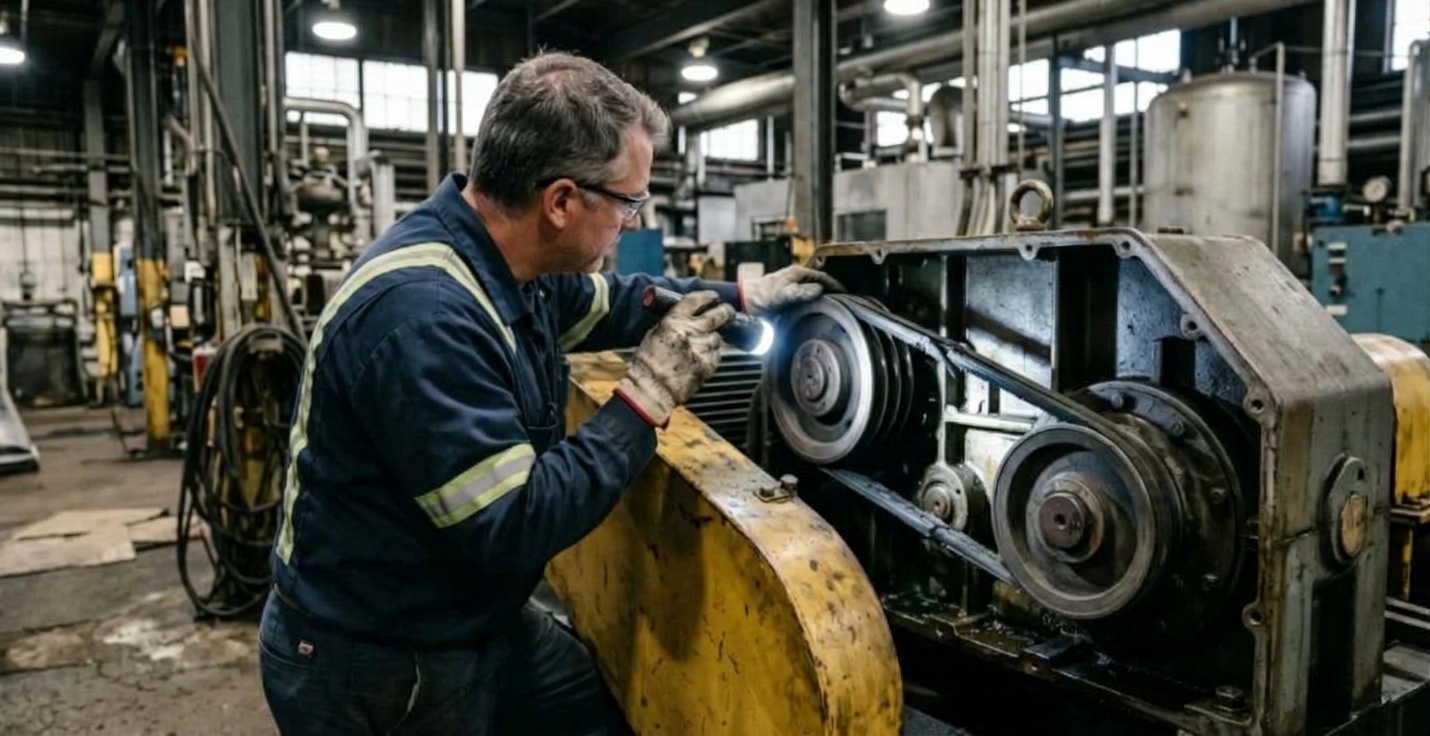 Un technicien inspecte une courroie usée sur une transmission avec une lampe torche.